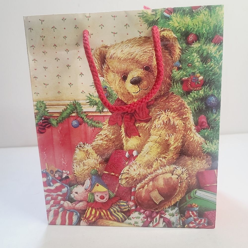 Vintage 90s Cute Teddy Bear Plush Christmas Gift Bag Red Tree Clown